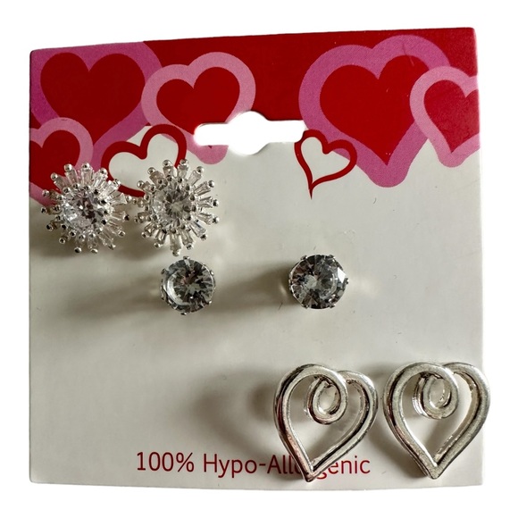 Set of 3 Silver Tone Round Clear CZ Pierced Earrings Stud Starburst Hearts New - Picture 9 of 9